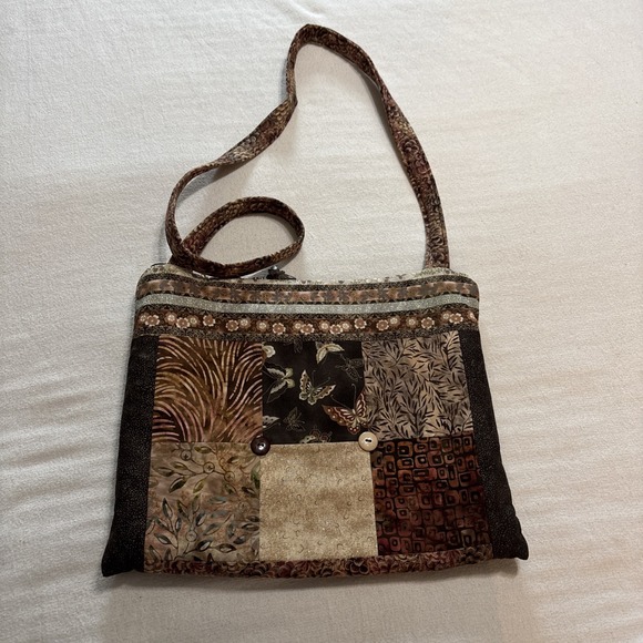 The Unbranded Brand Handbags - Butterfly Brown Cloth Purse/Crossbody Beaded Homemade Pockets Hippie Boho 14x11"